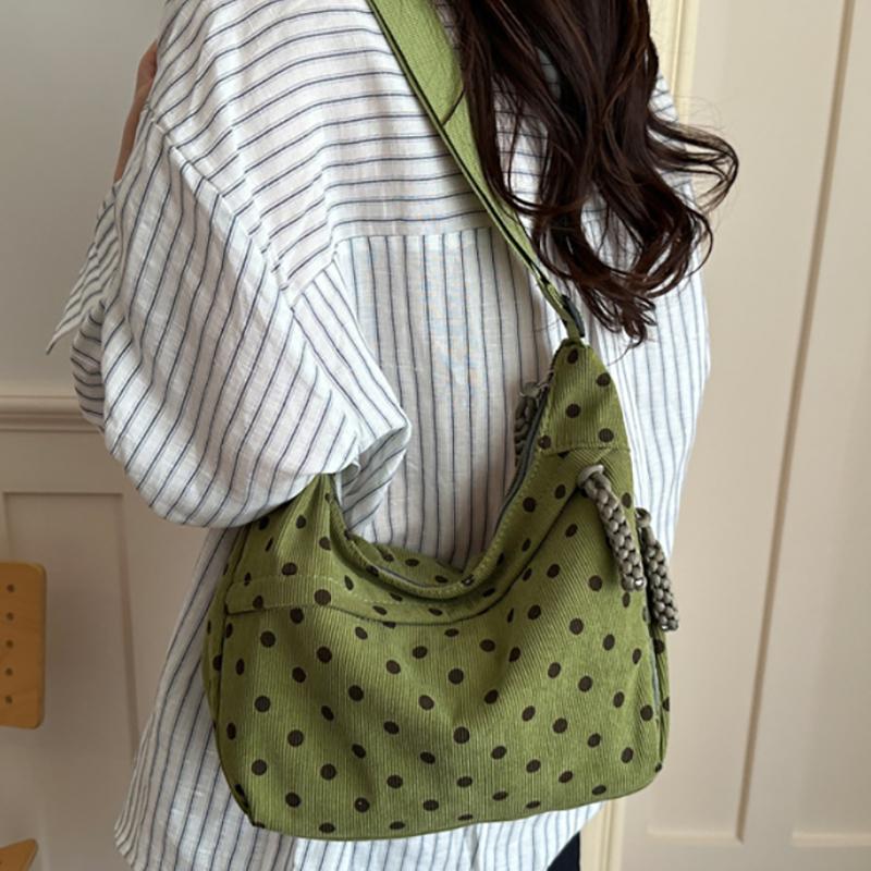 Polka Dot Hobo Bag For Women Corduroy Material Crossbody Bag With Knotted Detail Casual Korean Style Shoulder Bag Daily Commute