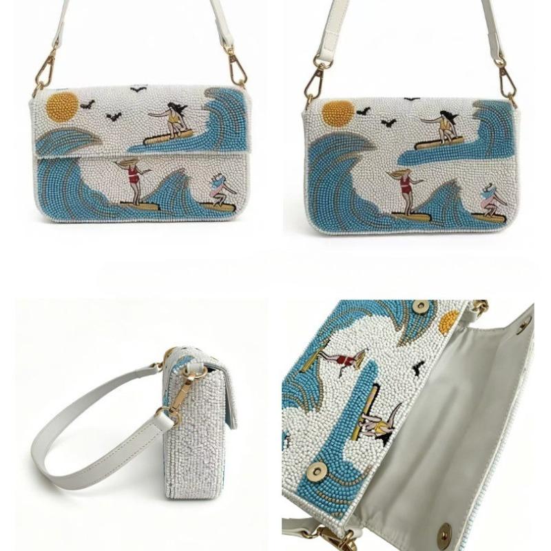 Borsa a tracolla da donna con ricamo a onde e perline per industria pesante, ragazza che fa surf con ornamento di perline, a spalla scoperta, a tracolla incrociata