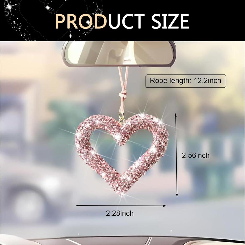 Bling Heart Car Hanging Accessories, Crystal Rhinestone Rearview Mirror Hanging Ornaments, Cute Diamond Rear View Mirror Charm Pendant Ornaments,