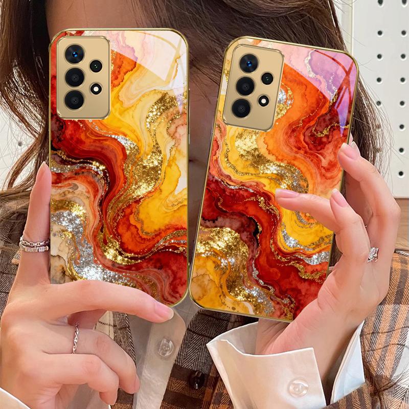 Golden Starry Light For Samsung A 01 52S A04 A05S A10 A12 13 22 23 24 36 42 M02 Note 10 20Ultra 8 9 Golden Glass Phone Case