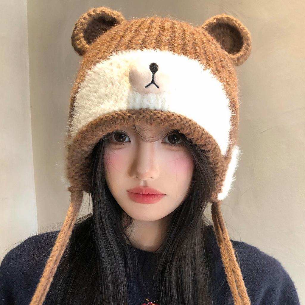 Cute bear ears straps wool hat female warm big head circumference showing face small knitted ear protector Lei Feng hat