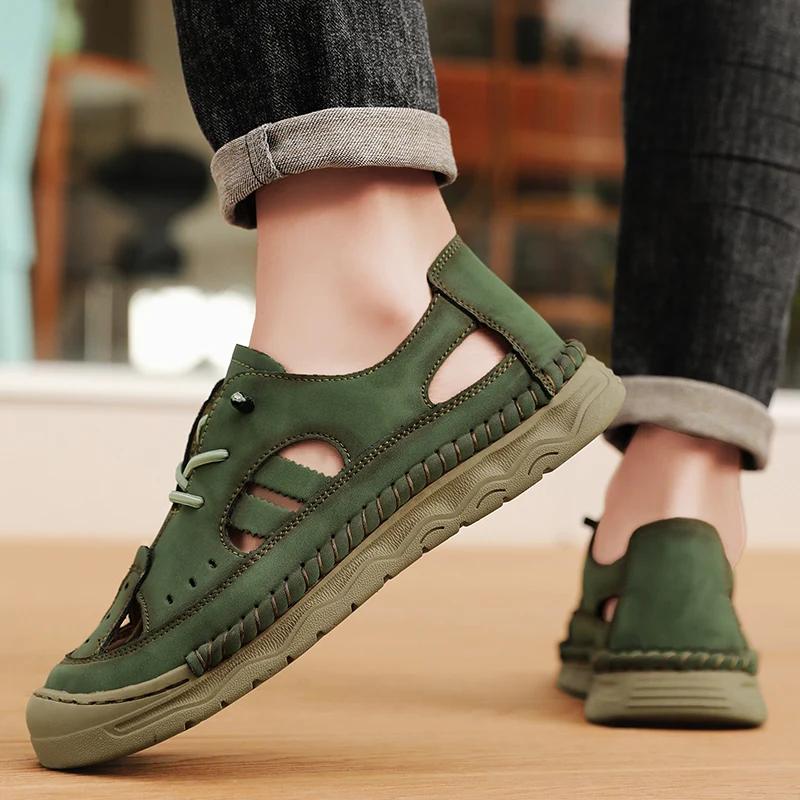 Fashion Men Fashion Summer New Style Leather Sandals Toe Cap Outdoor Sports Hollow Leisure Beach Sandals Man Hand Sewn Thread Mesh Shoes