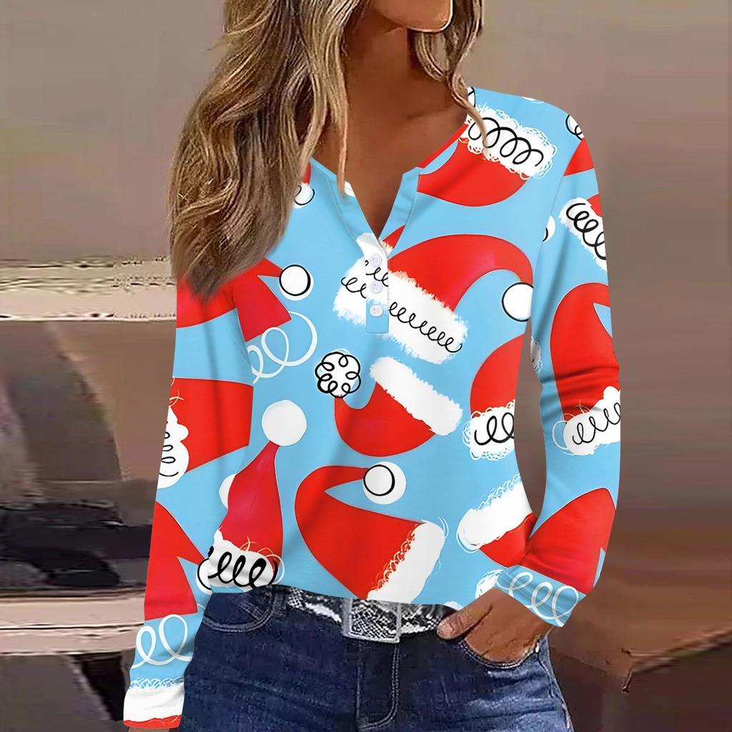 Damen T-Shirt mit Weihnachtsdruck, Knopfleiste, lange Ärmel, für den Alltag, Wochenende, modisch, Basic, V-Ausschnitt, normales Oberteil