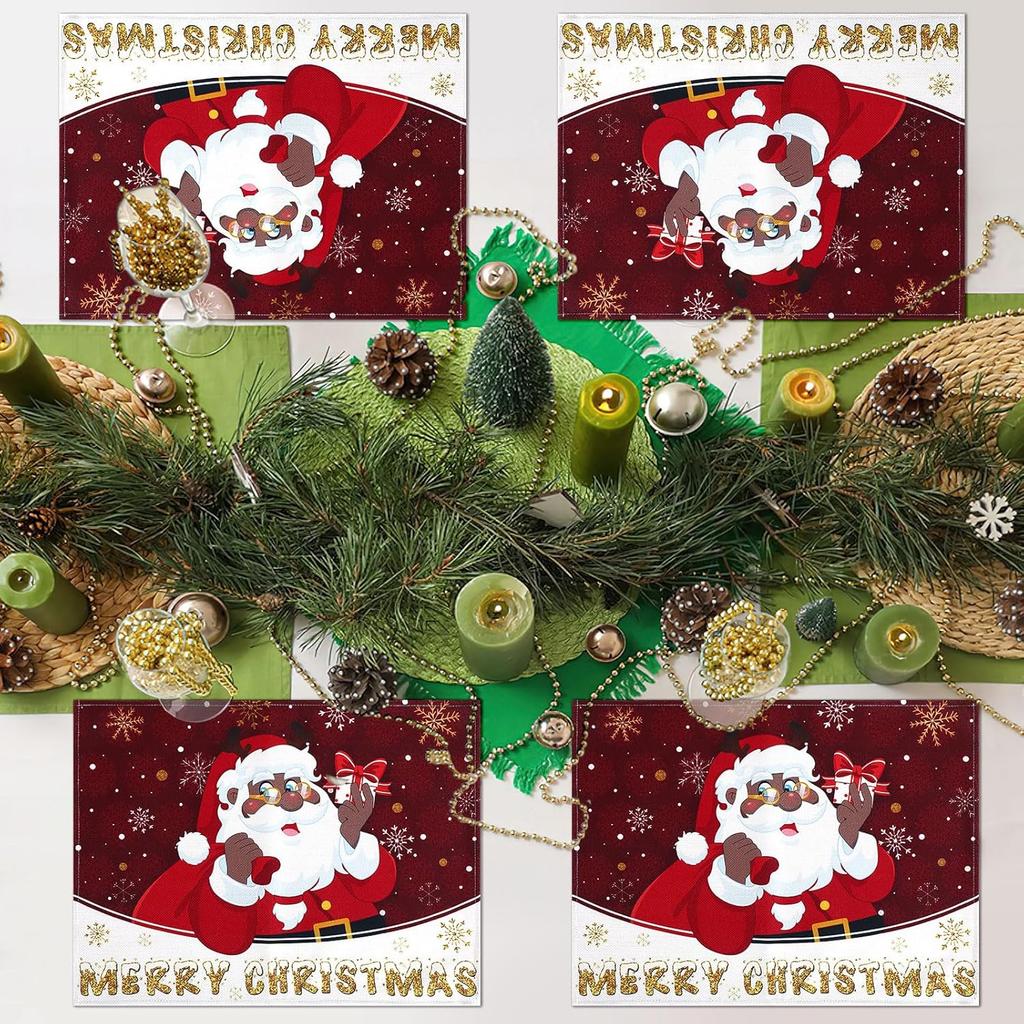 DECYOOL n n Christmas Placemats Set of 4, 12.5x17 Inch Black Santa Christmas Table Mats Merry Christmas Place Mats for Kitchen Xmas Party Winter Home