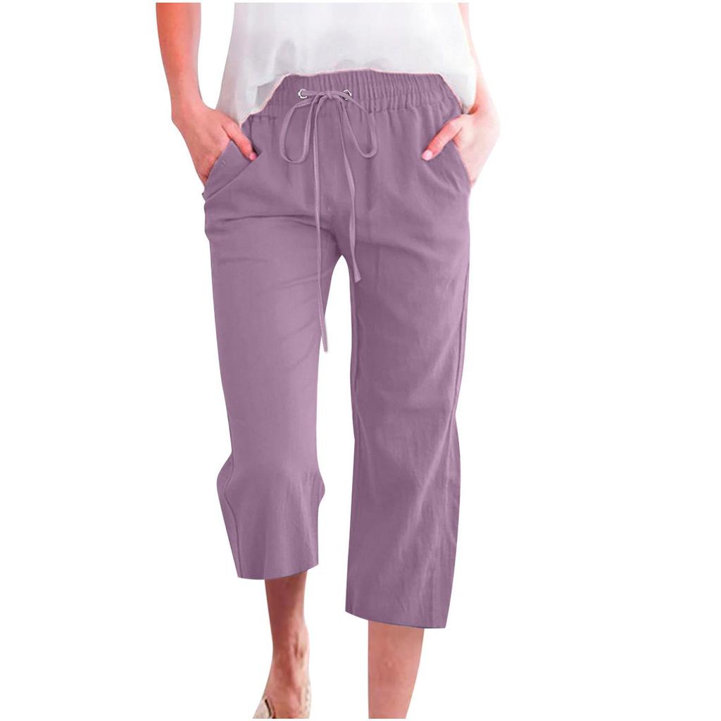 Frauen Hosen Jogginghose Einfarbig Gerade Weiche Elastische Taille Kordelzug Hosen Mitte der wade Länge Geerntete Hosen