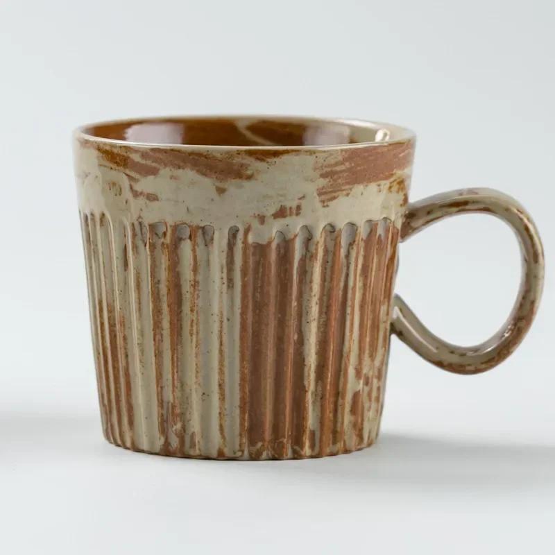 Creative 170ml Retro Ceramic Coffee Cup with Handle Striped Heat-resistant Breakfast Milk Oatmeal Mug Couple Cups Gift Mug