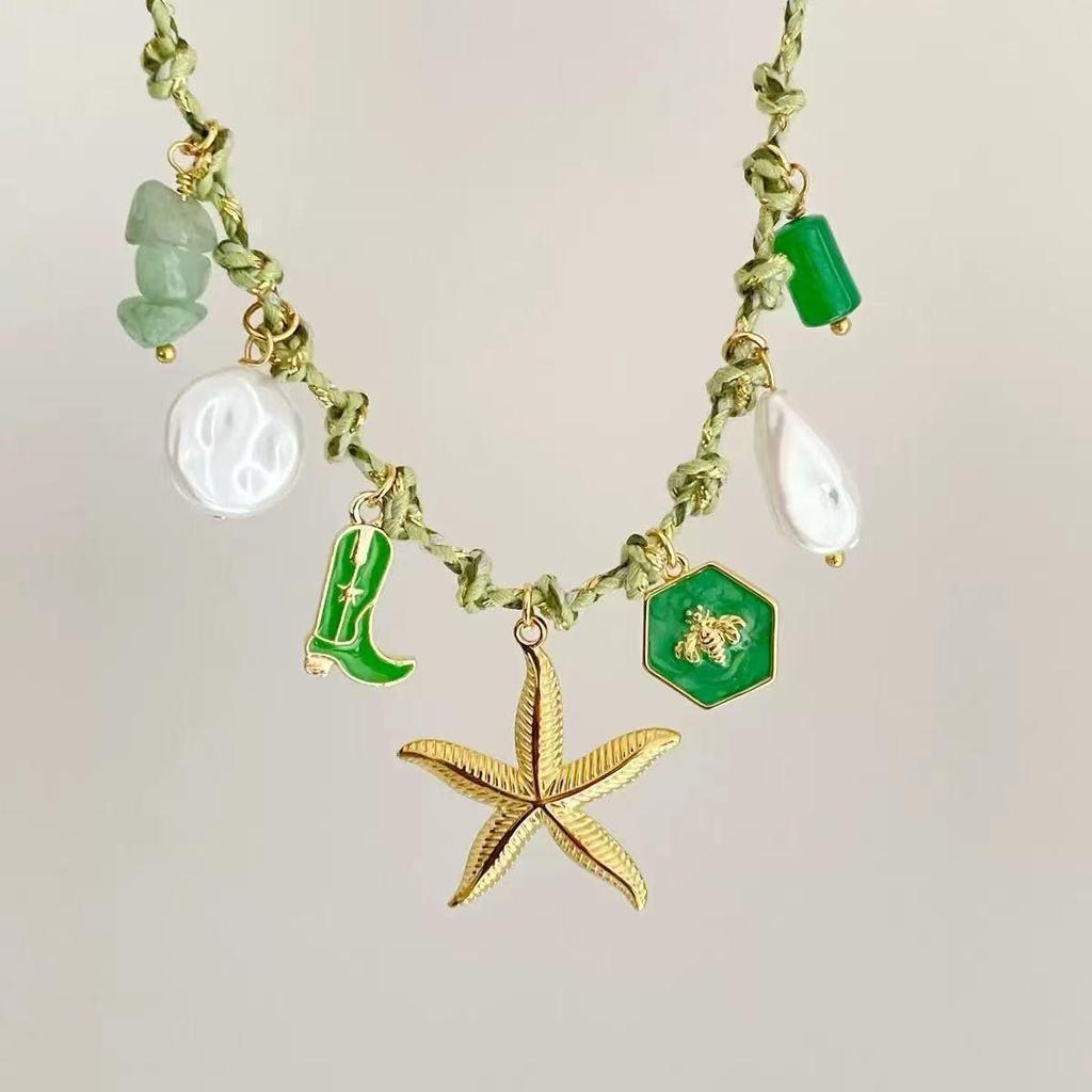 Summer Sea Breeze Starfish & Seashell Heart Pendant Rope Necklace