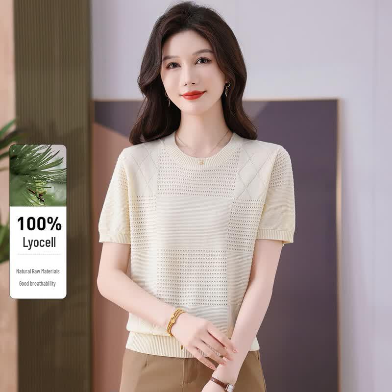 Snowflying Women s 100% Lyocell Hollow-Out Short-Sleeve Knit Top L