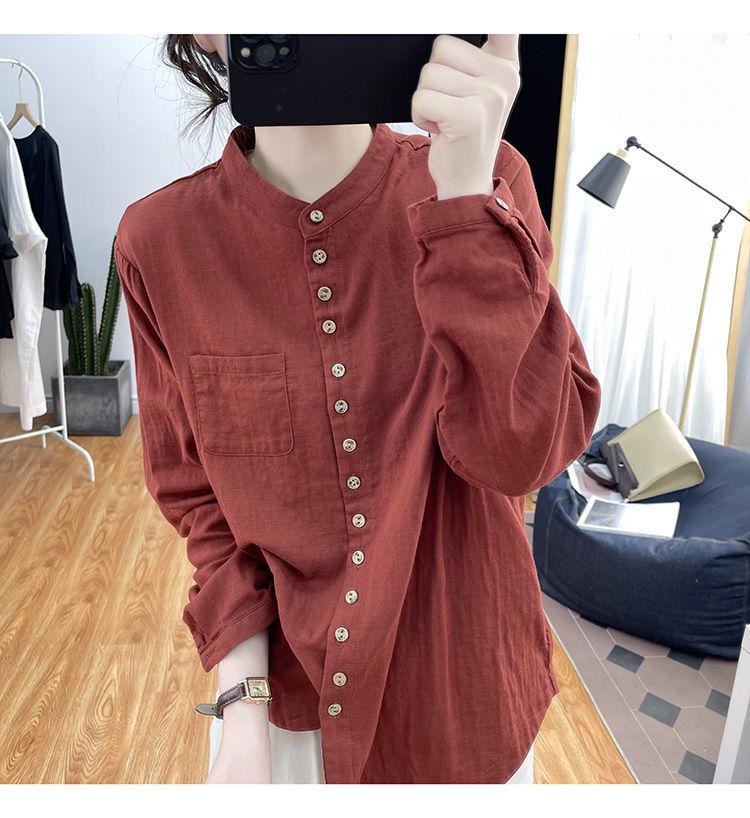 Southeast Asia Retro Stand Collar Plus Size Cotton Linen Shirt - Casual Loose Fit Long Sleeve
