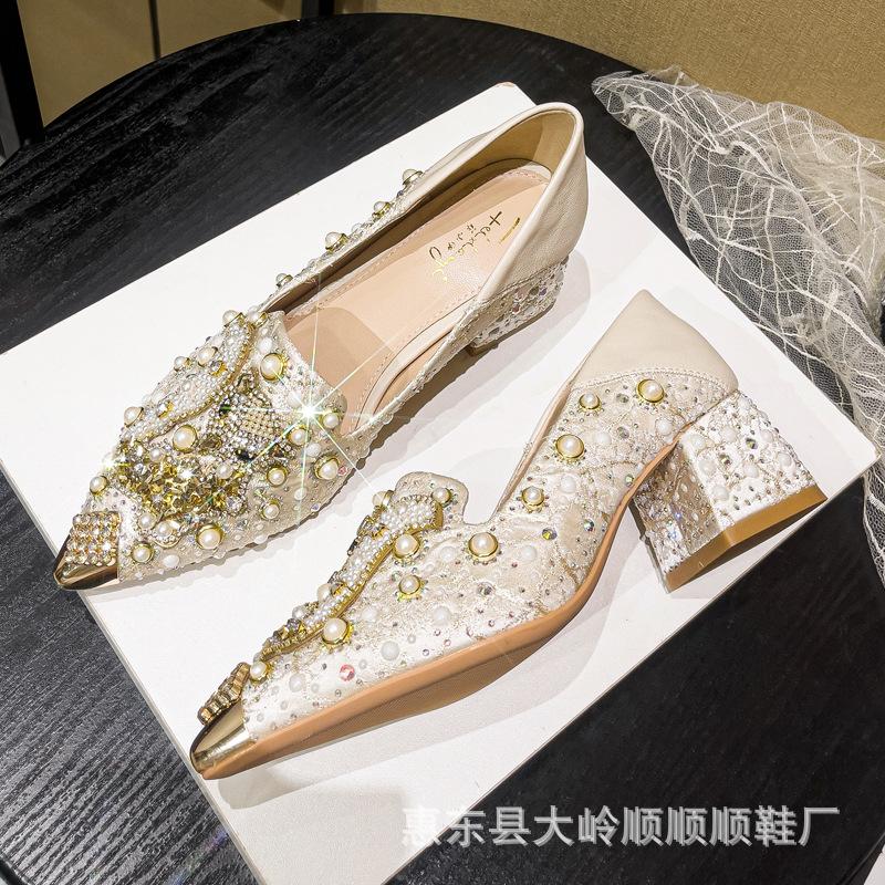 Mocassins Pointus Strass pour Femmes Élégant Tempérament Chaussures Simples Fait Main Talons Hauts Talons Épais Chaussures pour Femmes Zapatos Mujer