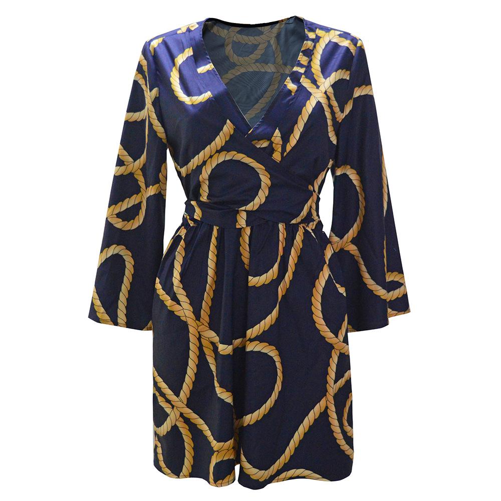 

European and American spring and summer new large-size women s clothing, hot-selling V-neck loose lace-up printed dress beach dress S синий