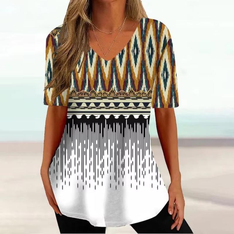 3D Printing Vintage T Shirt Women Summer V-Neck Pullover Short Sleeve Ladies Clothing Simple Black Women's T-Shirt Streetwear