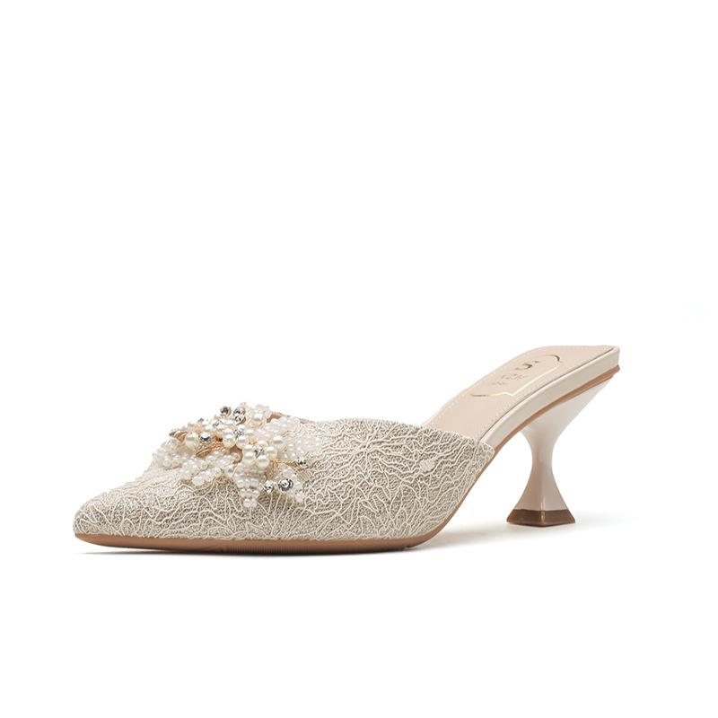 Strassschleife spitze Zehenpartie dünner Absatz hoher Absatz Einzelne Schuhe Damen flacher Ausschnitt keine müden Füße Sommer neu hinten offen Sandalen Damen