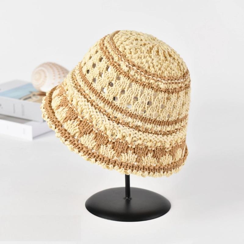 Woven Bucket Hat For Women Summer Versatile Niche Design Color-Blocked Fisherman Hat Hollow-Out Sun Protection Hat