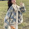 Woolen, Splicing Autumn and Winter Retro Plaid Design Woolen Coat Thickened Jacket Green and Thin