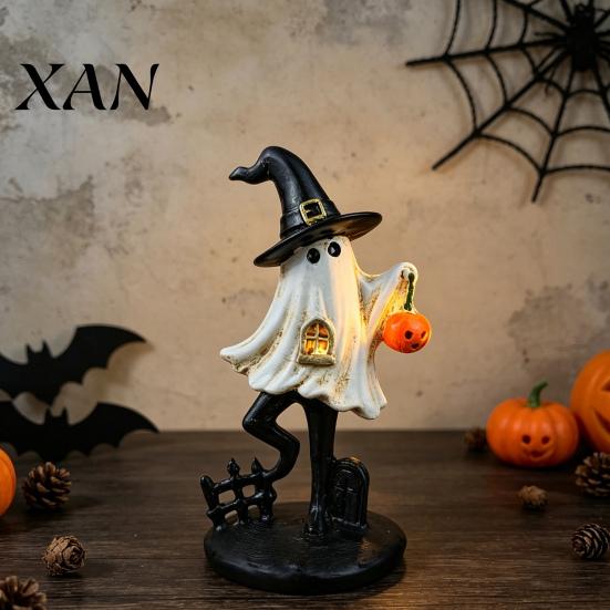 Hand Painted Resin Ghost Decor Halloween Figurine, Vintage Cute Holding Unique Gothic Room Accents Pumpkin Lantern Statue for Indoor Home Table