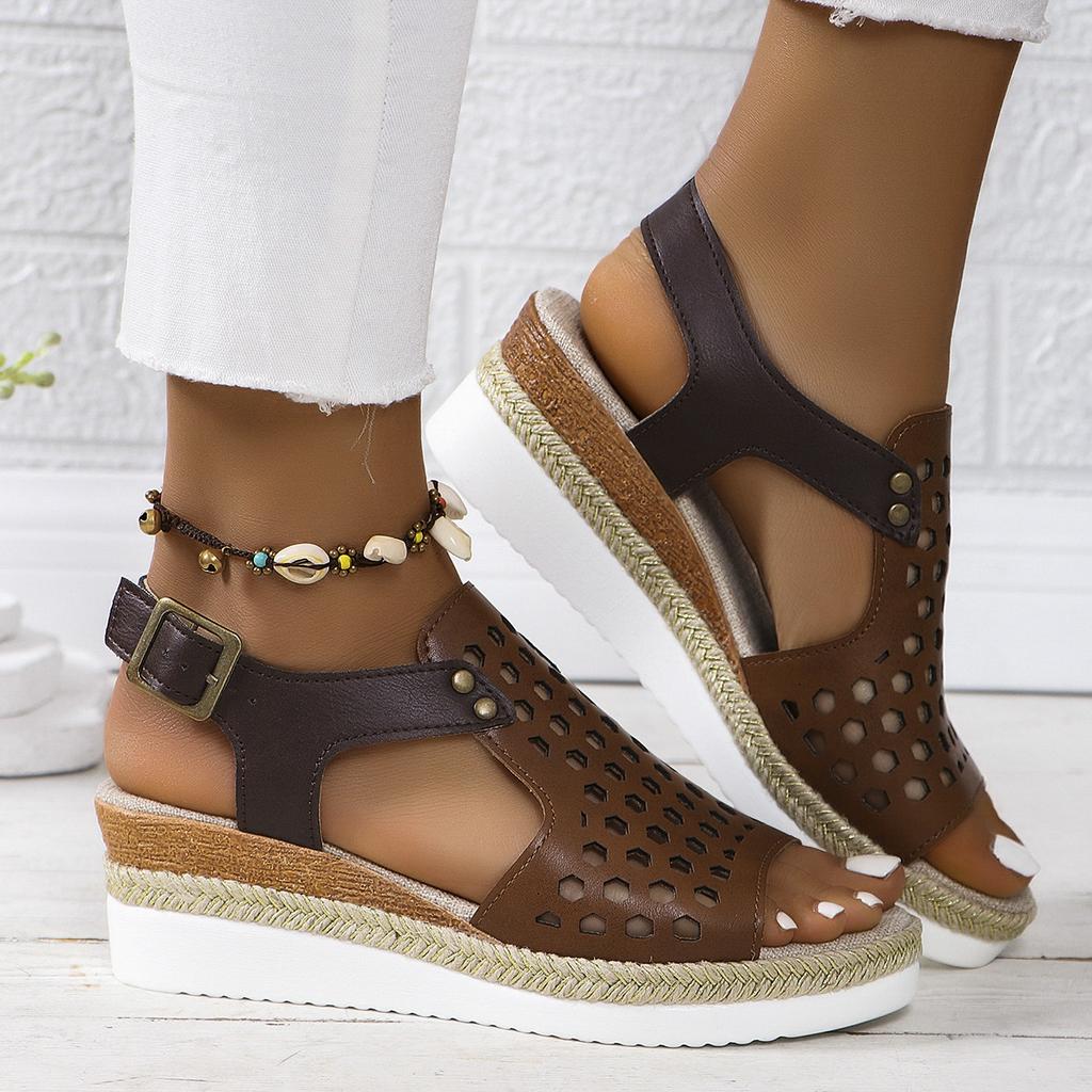 Large Size Spring and Summer New Hemp Rope Wedge Heel Women's Sandals Casual Hollow Fish Mouth Flat Bottom Buckle Beach Sandals