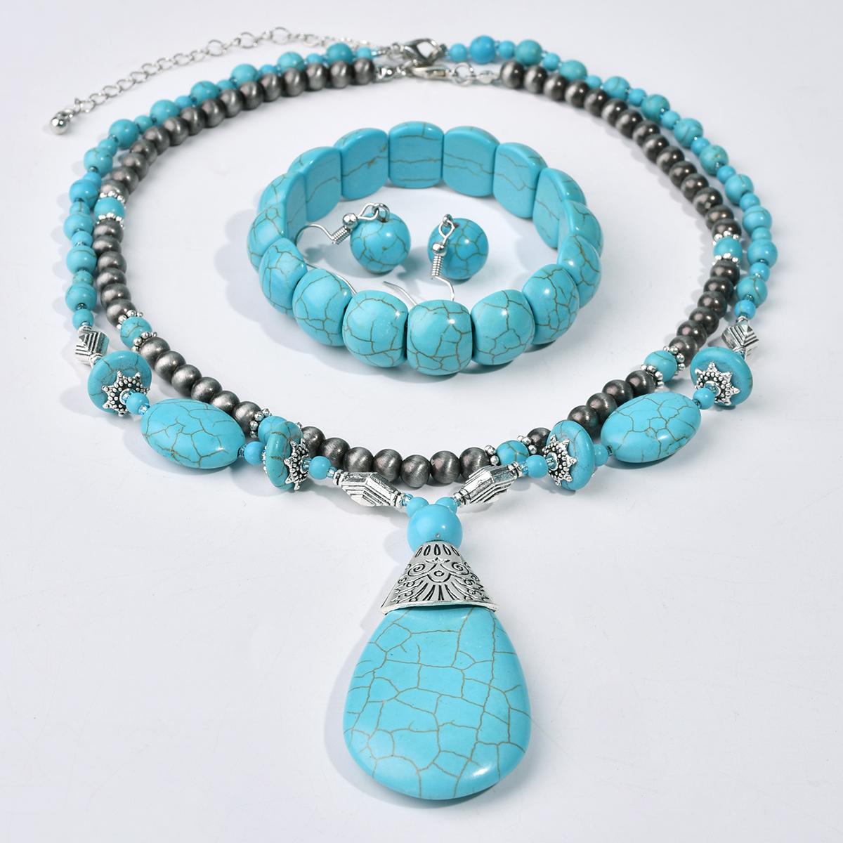 

Винтажный набор из круглых бусин: колье, браслет и серьги из синтетической бирюзы. Женский классический трендовый праздничный ручной работы с цирконом. синий