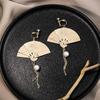 Chinese Carved Folding Fan Pearl Tassel Earrings | Retro Hanfu No-Piercing Ear Clips