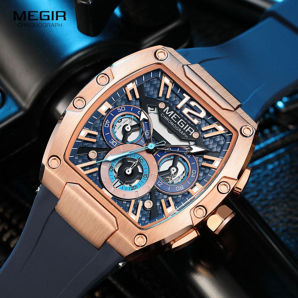 Megir Quartz Watch for Men Waterproof Silicone Strap Fashion Tonneau Case Chronograph Sport Wristwatch with Date Luminous Hands
