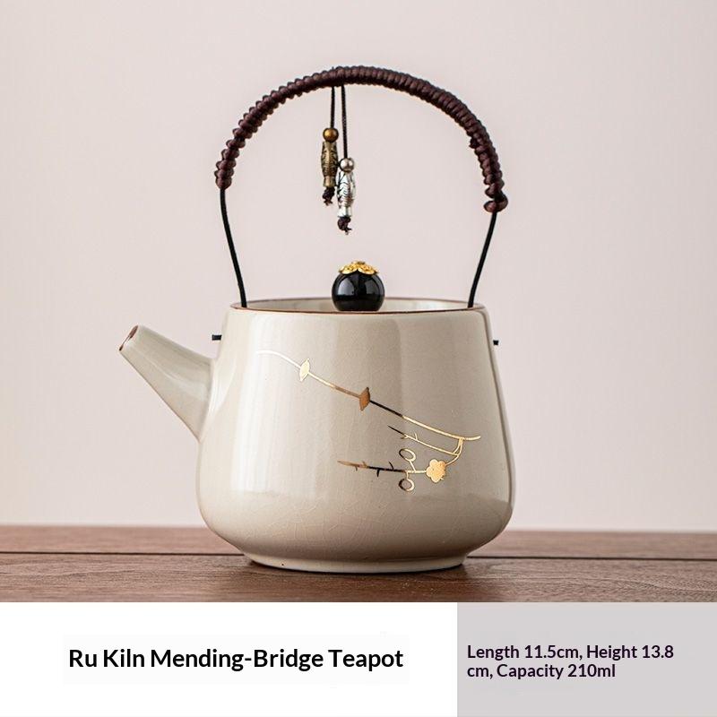 

New Chinese Style Teapot Ru Kiln High Grade Pot Dragon Pattern Beam Handle Teapot Set Beautiful Ceramic Household Gongfu Tea Set