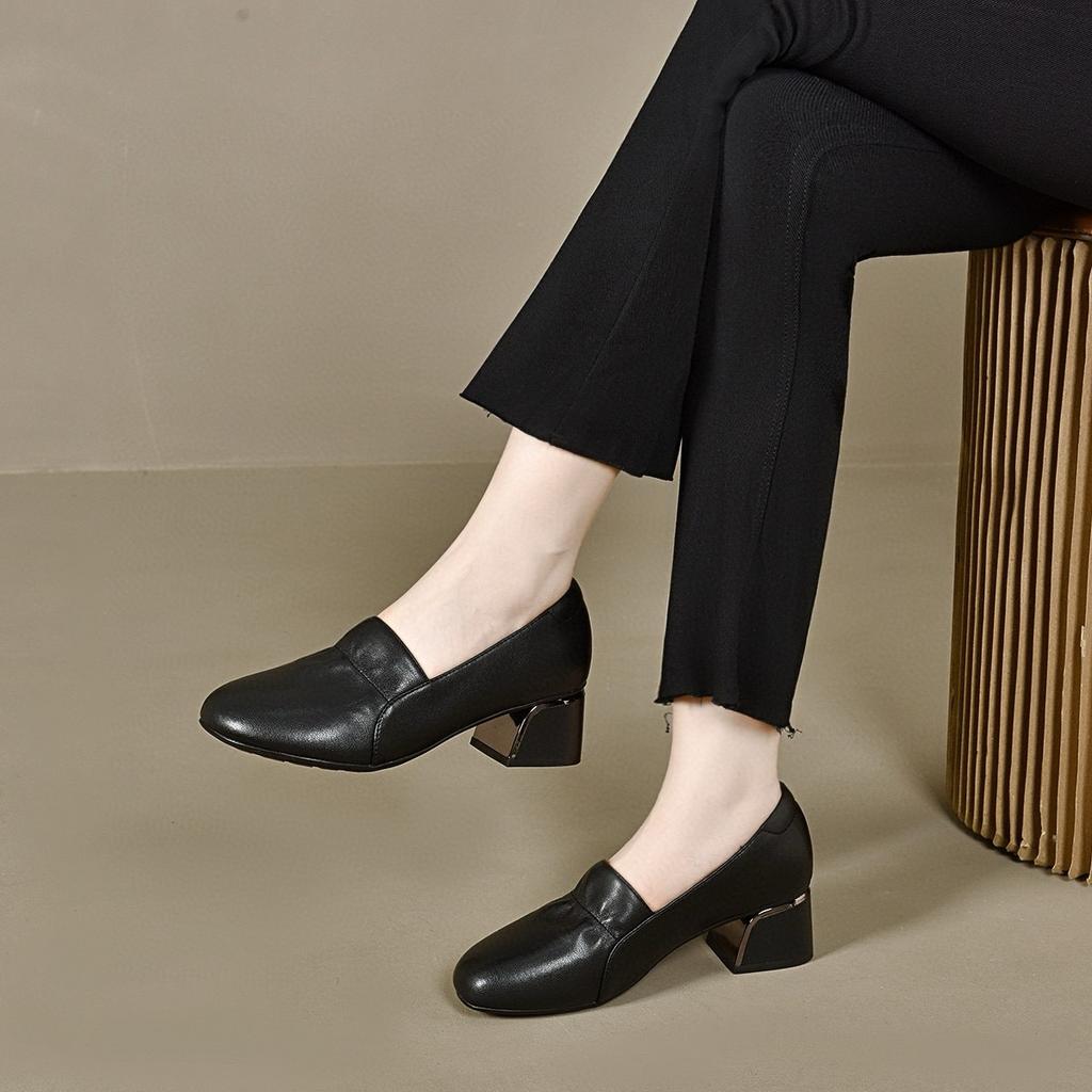 Round Head Single Shoes Women's Autumn Two Kinds of Height Ruffle Edge Shallow Mouth Women's Shoes Four Seasons Shoes Cowhide Thick Heel Work Shoes