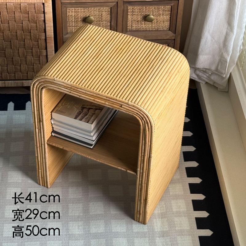 Handwoven Rattan & Bamboo Side Table, Double-Layer Storage Tea Table,Vintage Country Style Corner Table for Living Room Balcony