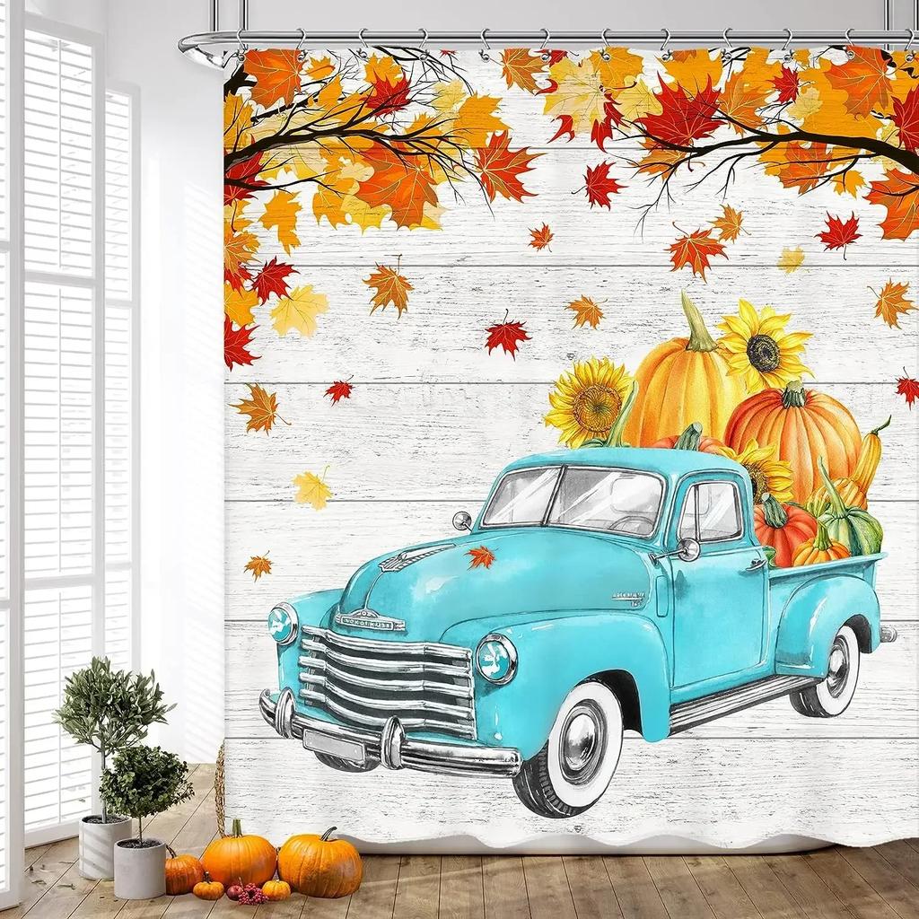 Fall Shower Curtains Brown Window Pumpkin Haystack Sunflower Maple Leaves Forest Autumn Home Bathroom Curtain Decor with Hooks