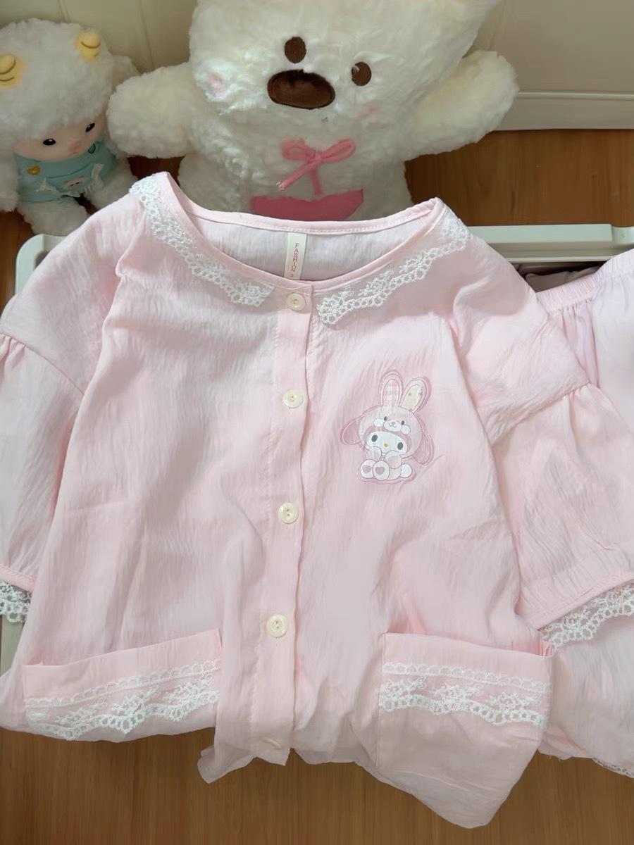 

Pink Princess Style Melody Pajamas Women s Summer Lace Lace Cardigan Short Sleeve Shorts Suit Girls Loungewear S