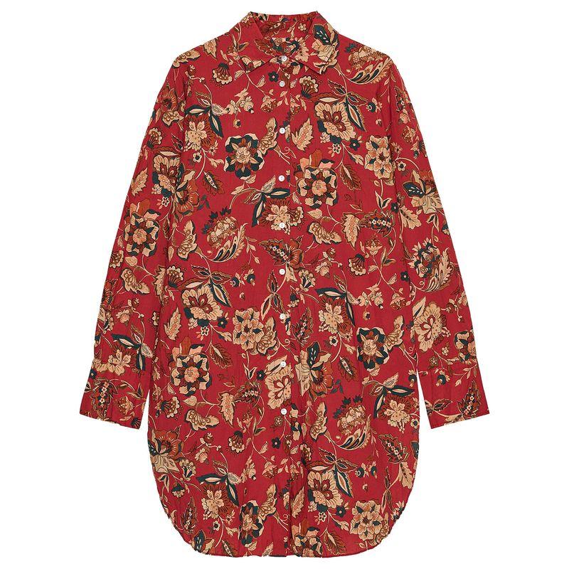 

Zaprha 2025 Summer New Women clothes Western Style Retro Loose All-Match Print Lapel Long Shirt 3796544 Dark red L