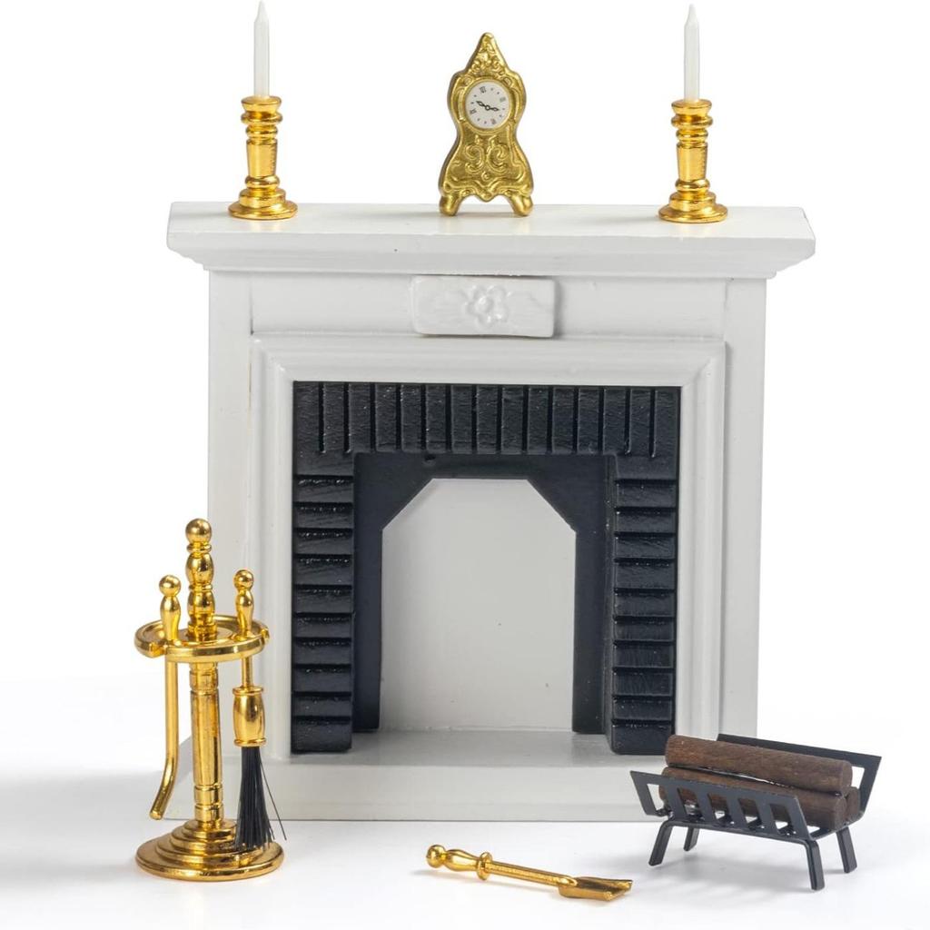 Miniature Dollhouse Fireplace Scene with Black Metal Firewood Rack Accessories