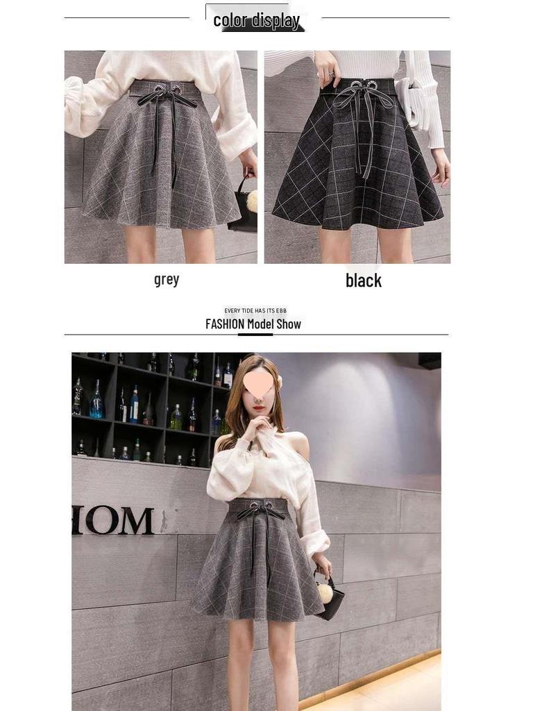 Fustă A-line cu talie înaltă din lână cu carouri pentru femei - Toamnă/Iarnă 2025 Stil coreean Fustă umbrelă