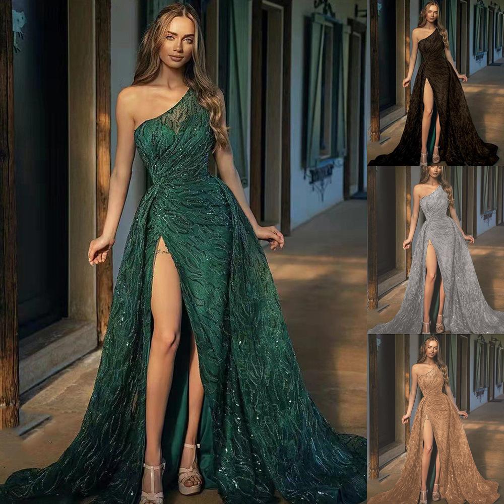 1011 spring and summer new European and American women's clothing slanted shoulder split skirt toast dress sequined suspender evening dress