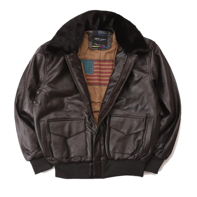 Normanlong Men's Retro A2 Aviator Jacket - American Military Vietnam War Leather with Fur Collar & Cotton Lining