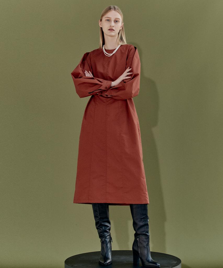 EN OR Volume Sleeve Tuck Dress - Orange