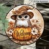 2D Flat, 1pc Round Aluminum Hanging Wall Plaque, Welcome Sign With Cute Owl On Pumpkin Autumn Maple Floral Print, Rustic Fall Harvest Indoor Outdoor
