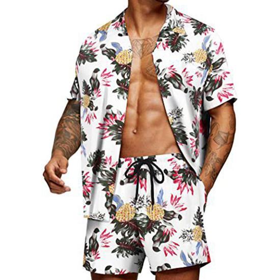 Spring and Summer Loose Beach Casual Men's Clothing Floral Print Fashion Top Shirt Set