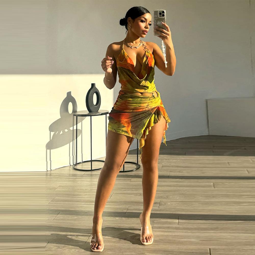 

2025 лето новая сетчатая пряжа открытый пупок нерегулярные европейские и американские подтяжки платье женщины L