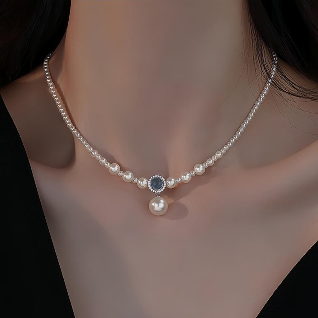 Temperament Aquamarine Pearl Millet Bead Necklace Women's New Personalized Neck Chain Pendant Accessories Clavicle Chain