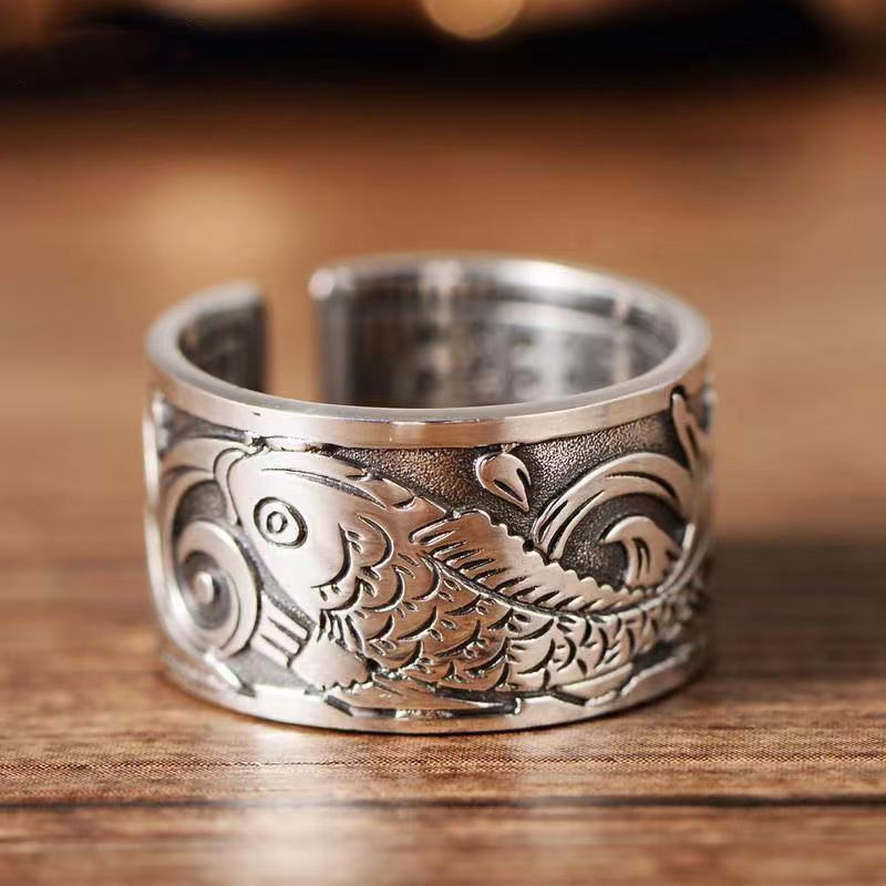 Jewelry Retro Lucky Good Luck Koi Heart Sutra Open Men's Ring
