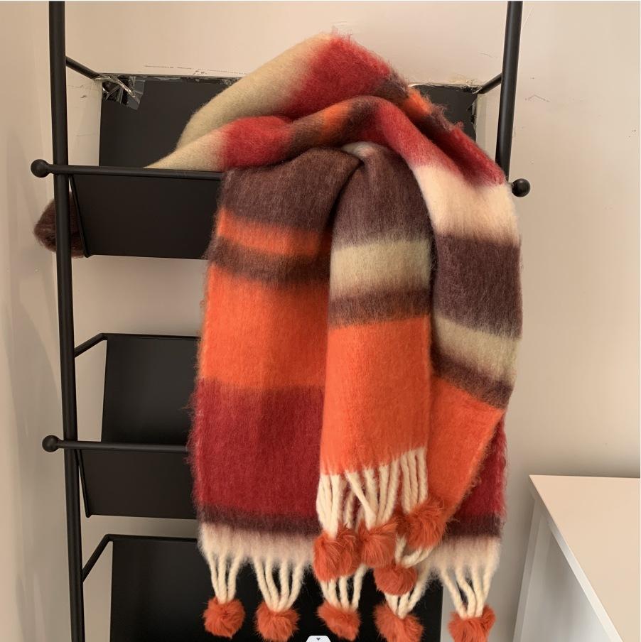 Winter Soft Warm Scarf Women Fashionable Plush Colorful Striped Scarf Versatile Mohair Couple Shawl Long Vintage Scarf Shawl