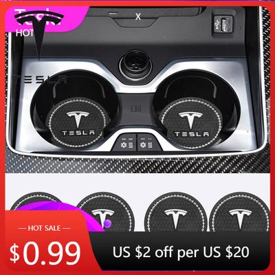 Sticker 2025 New Tesla 1/2PCS Car Coasters Rubber Water Cup Bottle Holder Anti-slip Pad For Tesla Model 3 Model S X Model Y