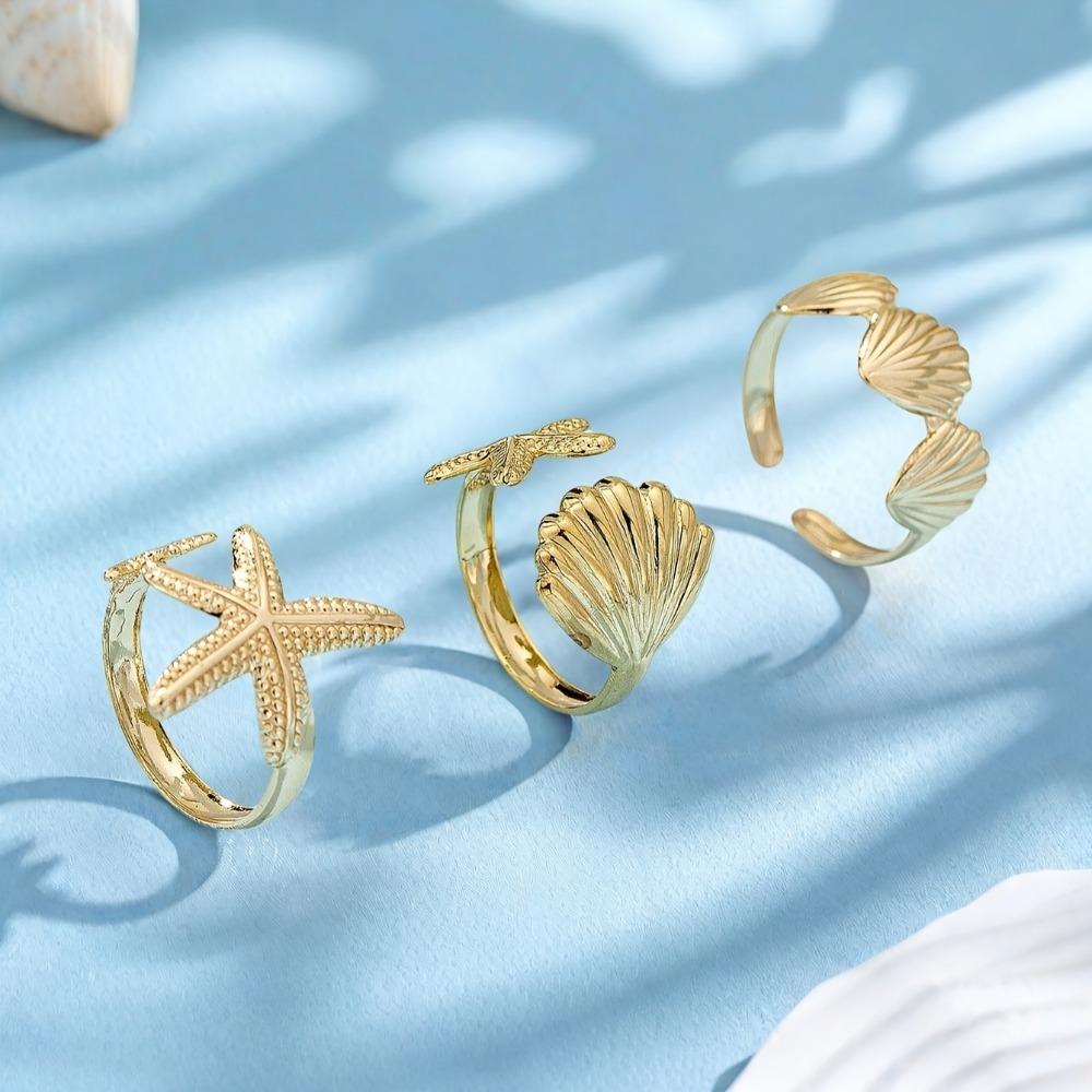 3pcs Bohemian Golden Ocean Style Ring Set Adjustable, Shell Starfish Designs Open Rings Set Women Travel Beach Ring Zircon
