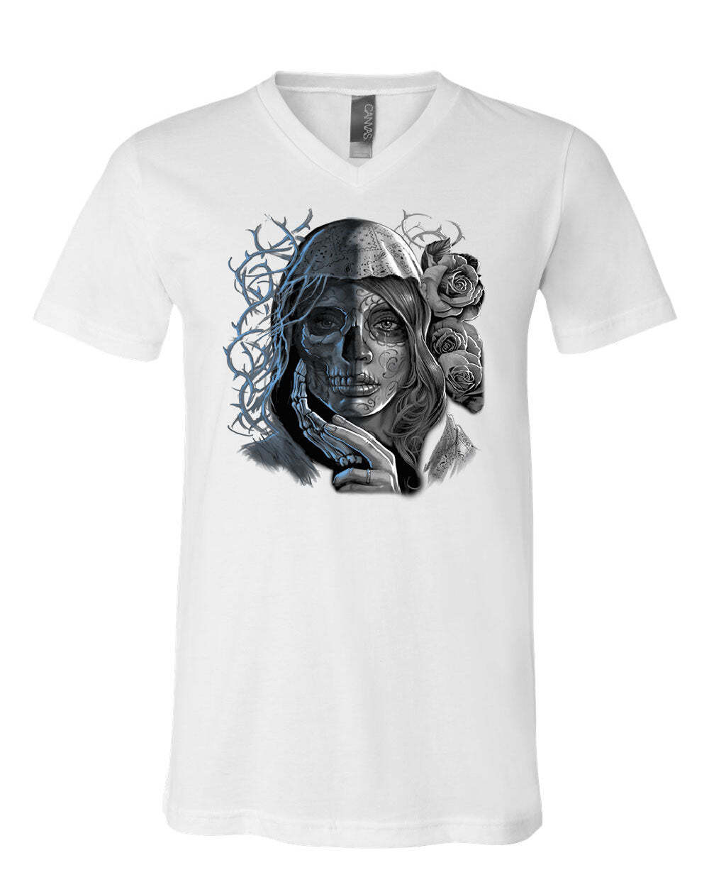 Dead Girl with Roses V-Neck T-Shirt Sugar Skull Face Day of the Dead Tee S