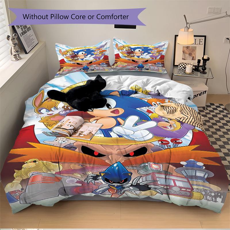 3pcs Sonic the Hedgehog Quilt Cover Set - Soft and Cozy Bedroom, Guest Room and Dorm Decorative Bedding 3-Piece Set 1 Quilt Cover + 2 Pillow Sham