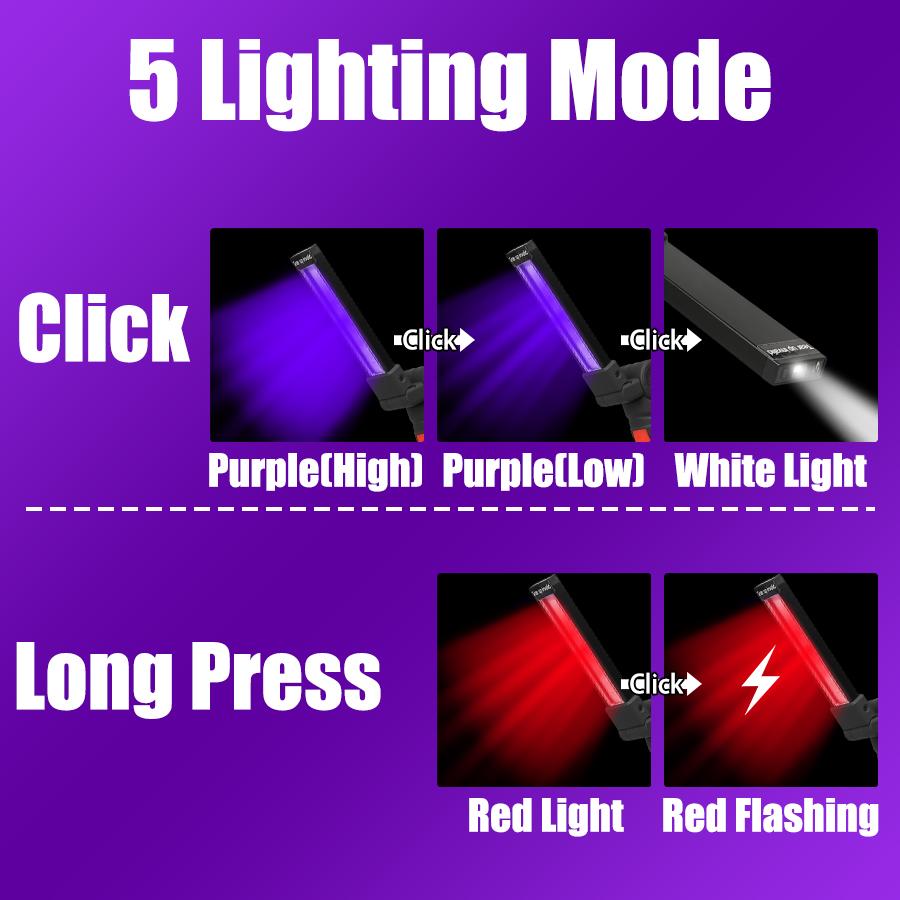 Multi-functional UV Flashlight USB Rechargeable Black Light Torch 5 Modes Emergency Red and White Light Flashlight Work Light