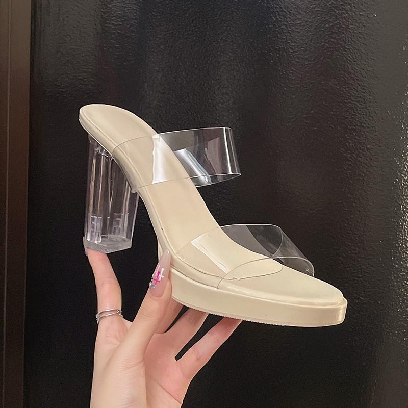 Crystal Block Heel High Heels Summer New Round Toe Open Toe Transparent Band Platform Non-slip Wear-resistant Flip-flops
