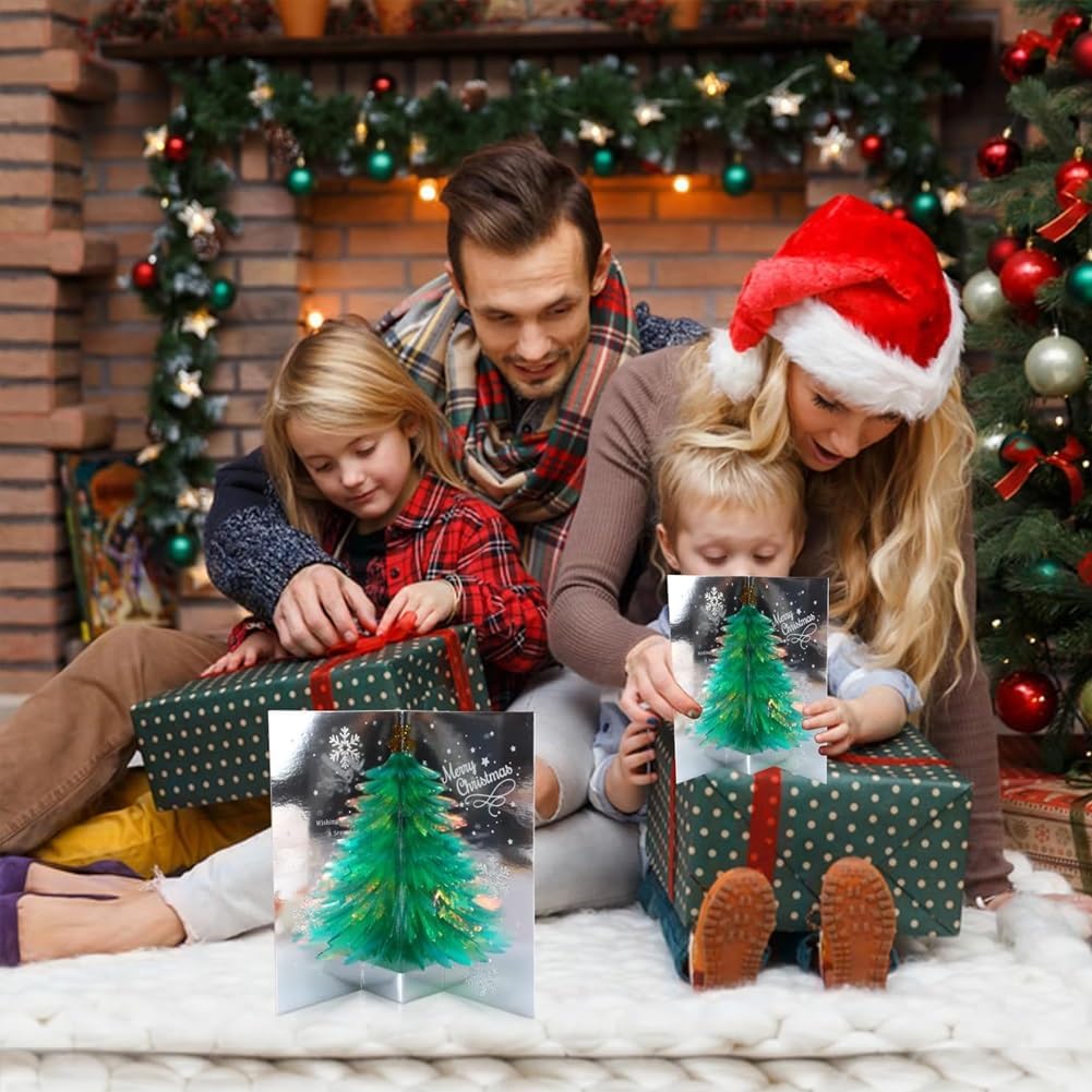 3D Christmas Handmade Cards Glitter Christmas Tree Pop up Greeting Blessing Postcards with Lay Flat Display Widget&envelopes Decoration
