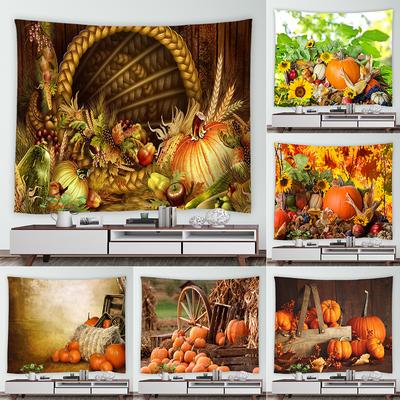 Autumn Pumpkin Vintage Wooden Wheel Print Pattern Tapestry Home Living Room Bedroom Wall Decor Background Cloth Tapestry