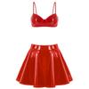 Womens Wet Look Patent Leather Set Wire-free Bra Top with Zipper Flared Skirt for Lingerie Night Club